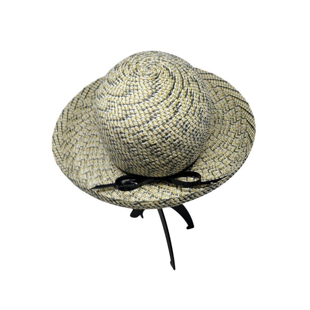 Vtg 60s Terry B.‎ Womens Woven Straw Sun Hat Yellow Checkered Black Bow Retro
